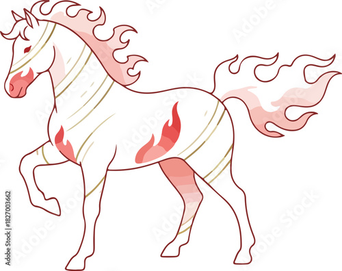 A stylized white horse with firelike pink and red accents detailed with gold stripes and a flameshaped tail