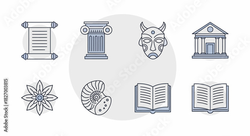 Collection of Ancient and Historical Icons Representing Knowledge and Culture.