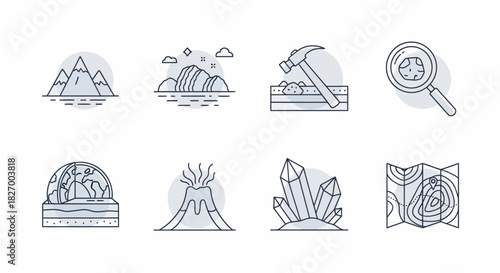Geology Icons - Mountains, Rocks, Hammer, Magnifier, Globe, Volcano, Crystals, Map.