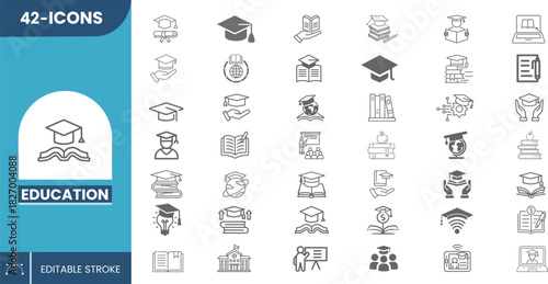 Modern Set of Education Editable Icons for Schools, Colleges, Online Learning, Teaching Tools, Study Materials, and Academic Resources in Clean Vector Style.