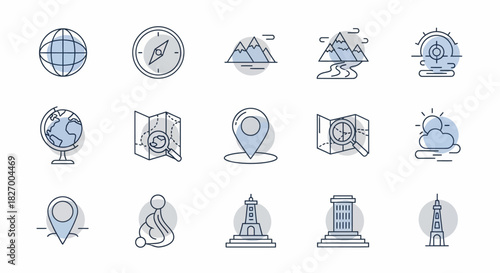 Travel and Tourism Icon Set - Globe, Compass, Mountains, Map, Landmarks.