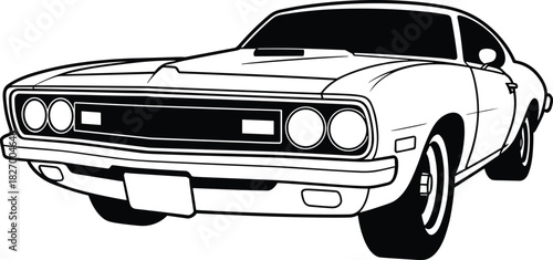 Classic American muscle car vector illustration, black and white line art, vintage automobile sketch, retro vehicle icon, isolated on white.