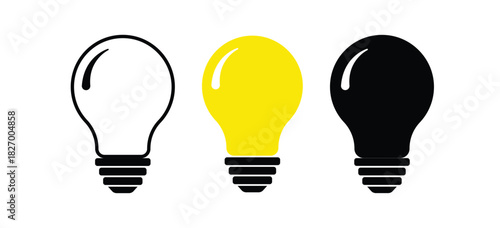 light bulb vector, Three light bulbs in a row with different colors on a white background in a vector illustration