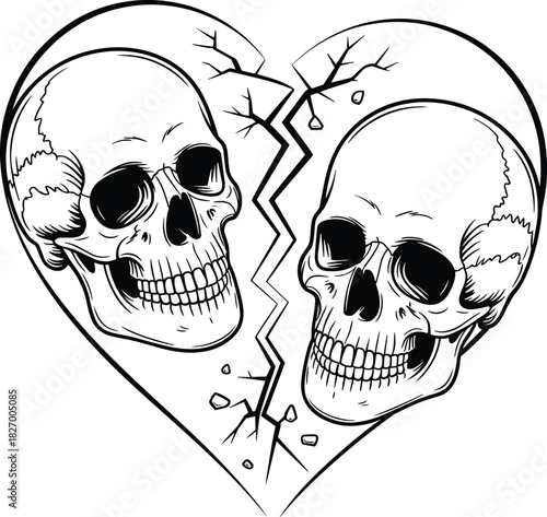 Two human skulls inside a broken heart, black and white tattoo style illustration, concept of dead romance, gothic love, separation.