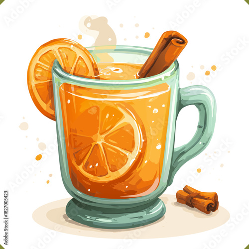 Vector illustration of a hot citrus drink in a glass mug with cinnamon, spices, isolated on a white background. Vector illustration of winter beverage on white background