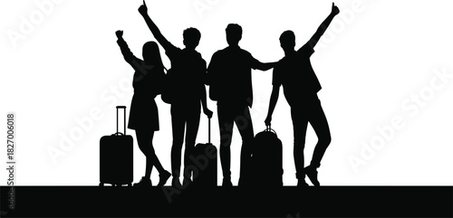 Travel, airport, luggage, group trip, excitement, silhouette, adventure, journey, vacation, terminal, celebration, tourism, flat vector illustration