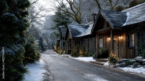 Fototapeta Naklejka Na Ścianę i Meble -  Photo of a picturesque wooden village in a mountainous area, with comfortable modern houses and a road leading to the main street, covered in snow.
