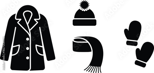 Winter clothing, coat, beanie, scarf, mittens, silhouette, cold weather, warm outfit, seasonal wear, flat vector illustration