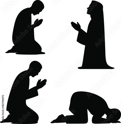 Islamic prayer, silhouette, salah positions, devotion, worship, prostration, supplication, spiritual practice, faith, flat vector 