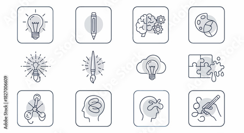 Collection of icons representing creativity innovation and problem solving concepts.