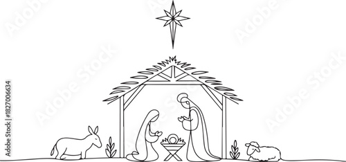 Baby Jesus lying in a manger in a stable. Biblical nativity scene. One line drawing. Vector illustration