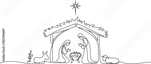 Baby Jesus lying in a manger in a stable. Biblical nativity scene. One line drawing. Vector illustration