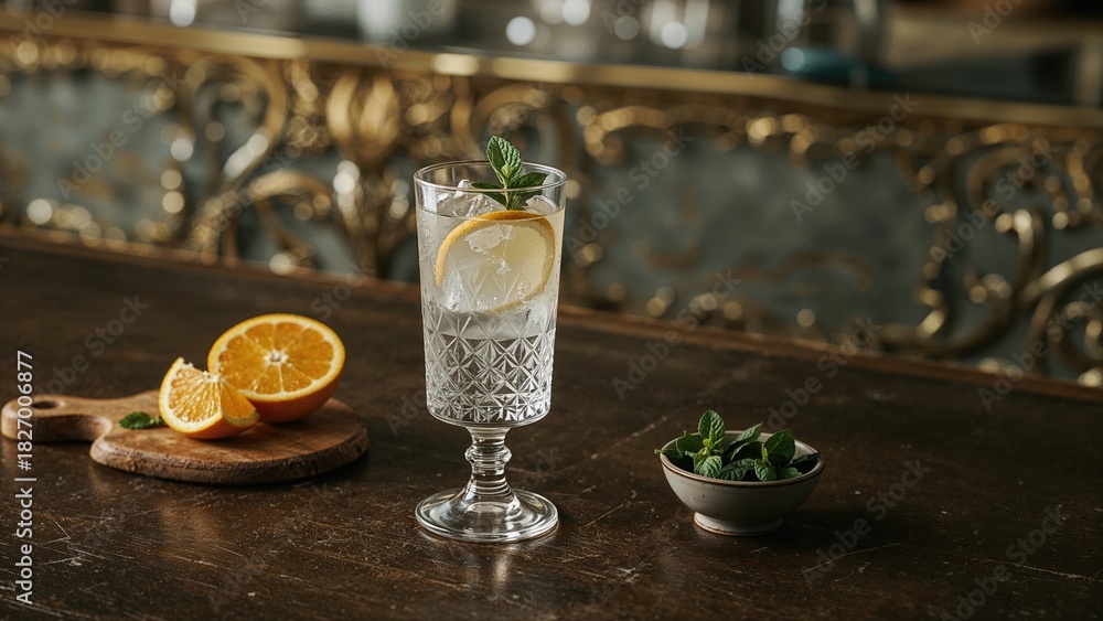 Fototapeta premium A glass of lemon water with mint on a bar counter, featuring orange slices on a wooden board and a small bowl of mint leaves.