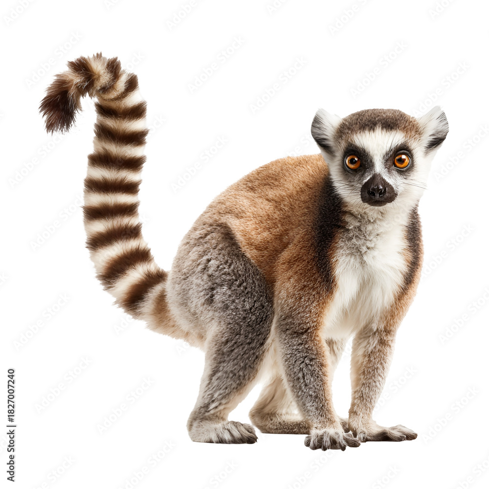 Obraz premium Ring tailed lemur standing on hind legs with striped tail raised isolated on transparent background