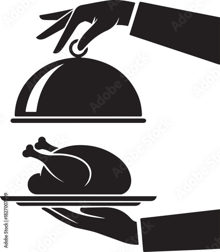 Black waiter hands holding serving tray with baked bird and lid cover cloche for food. Vector silhouette illustration