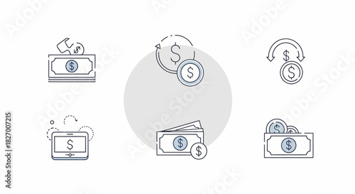 Set of icons representing financial transactions and money management.