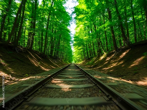 Green forest tunnel with railway tracks leading into distance
