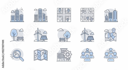 Collection of line icons representing smart city and sustainable urban development.