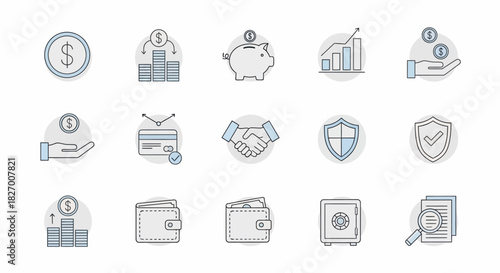 Collection of Financial and Business Icons Representing Money and Security.