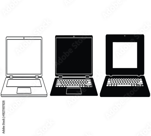 Three different styles of laptop illustrations, including outline, filled outline, and silhouette designs, showcasing modern digital technology devices isolated on white background