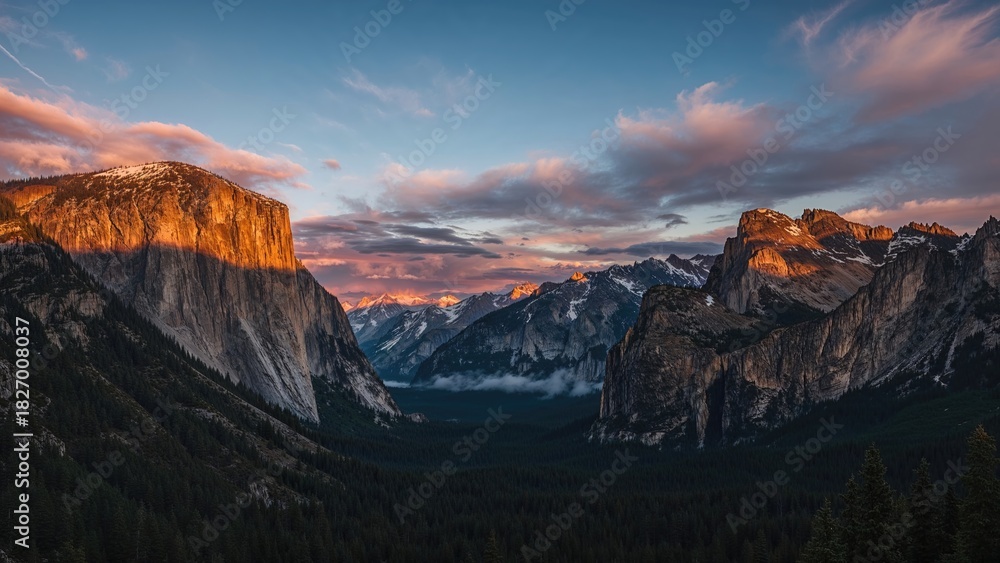 Obraz premium Scenic mountain landscape during sunset, with towering cliffs, lush green forests, and dramatic clouds in the sky.