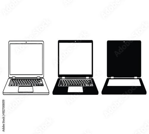 Three different styles of laptop illustrations, including outline, filled outline, and silhouette designs, showcasing modern digital technology devices isolated on white background