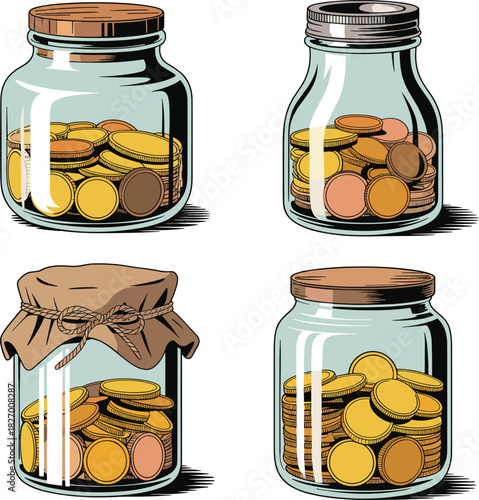 Four glass jars filled with gold and copper coins money