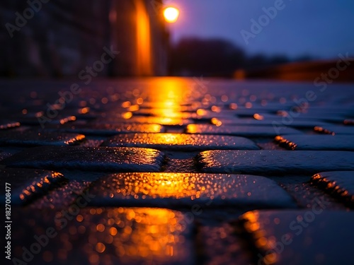Wet cobblestone street reflecting warm urban light at twilight