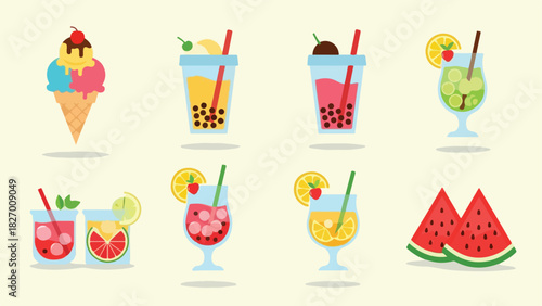 A collection of colorful summer treats and drinks, including ice cream, bubble tea, and watermelon slices, presented in a flat vector illustration style.