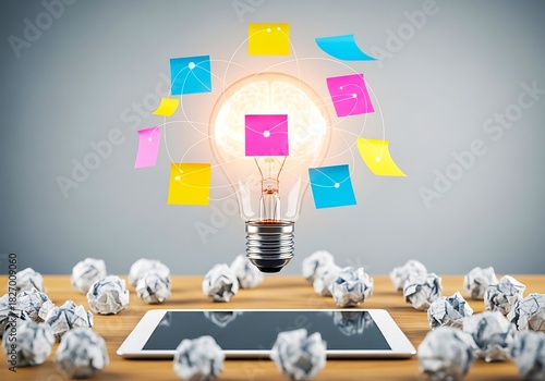 Creative problem solving with lightbulb brain and sticky notes
