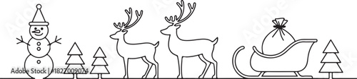 Christmas landscape continuous one line vector drawing. Santa in sleigh with deers, trees, snowdrifts, snowman