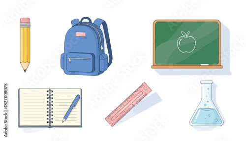 Illustration depicting school supplies including a pencil, backpack, chalkboard with apple drawing, notebook, pen, ruler, and Erlenmeyer flask.