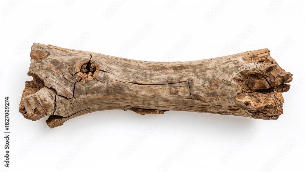Naklejka premium A weathered and aged piece of wood, resembling a log or driftwood, with a hollow and cracks, placed on a white background.