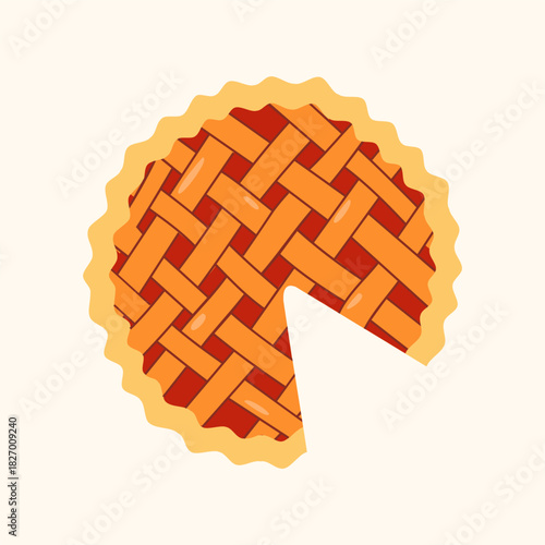 Apple pie illustration. Pie cake top view. Food baked pastry