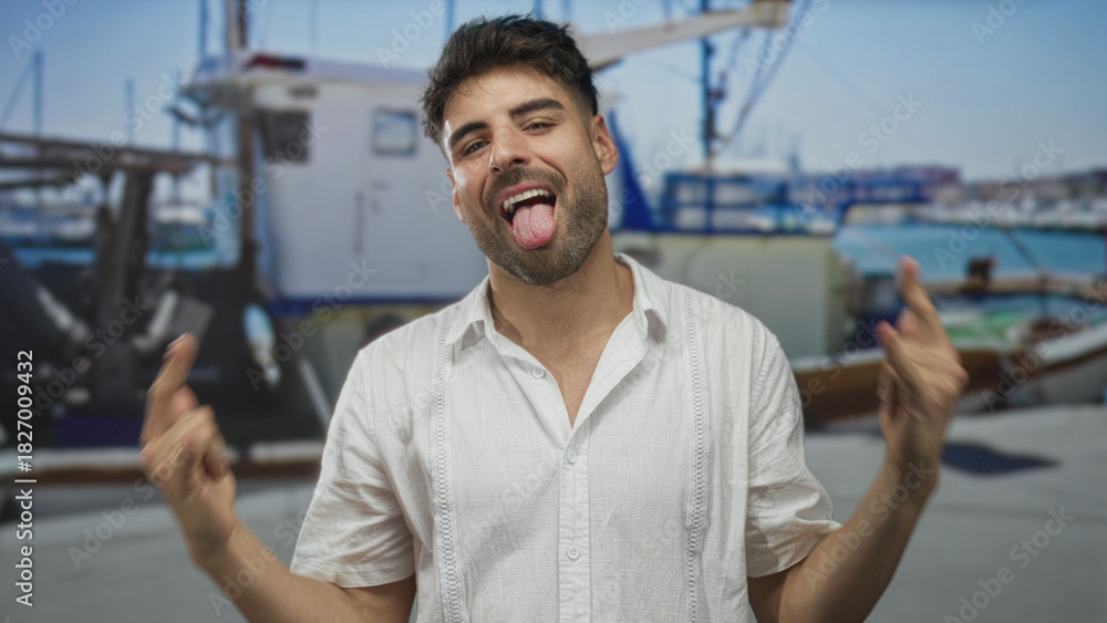 Fototapeta premium Man makes rock horns gesture with bare hands in front of boat on sunny street by seaside port; playfulness.
