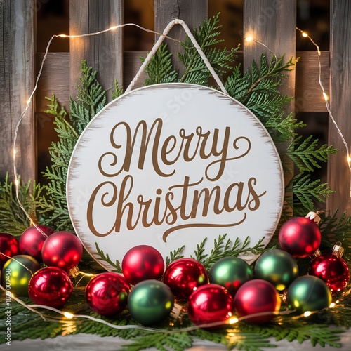 A rustic wooden fence features a round white “Merry Christmas” sign with gold cursive text, surrounded by festive ornaments, fir leaves, and softly glowing fairy lights