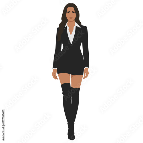 Chic Woman in Black Blazer and Over-the-Knee Boots