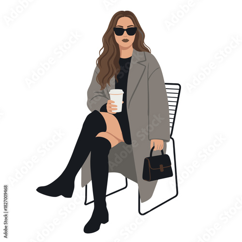 Chic Woman with Sunglasses in Long Coat and Boots Holding Coffee