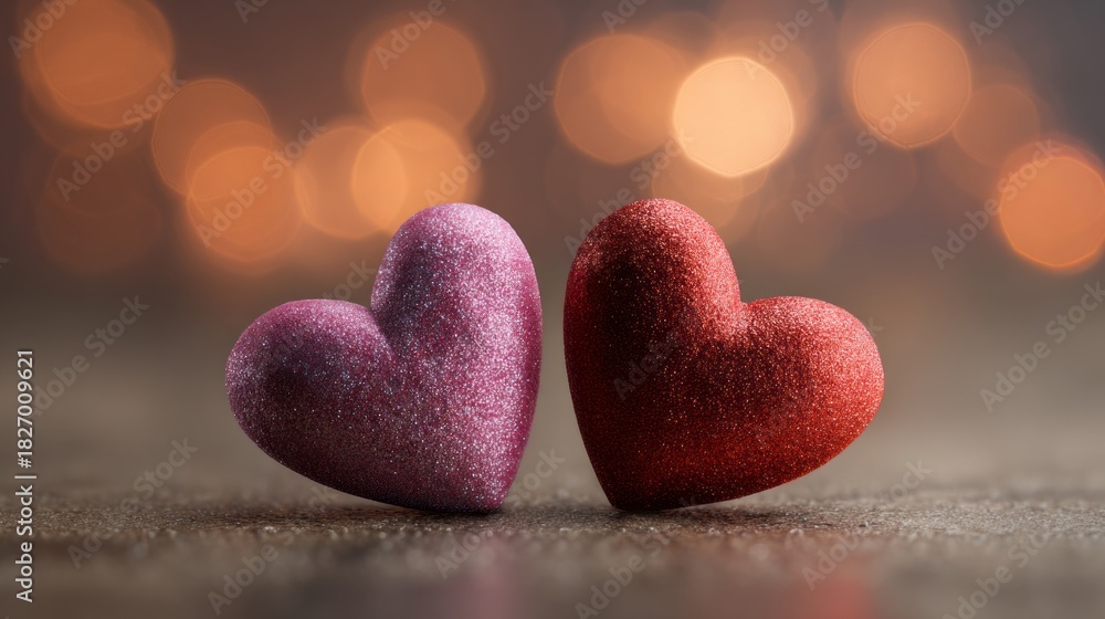Obraz premium Two romantic hearts on soft bokeh background with warm glowing lights, perfect for love, valentine's day, wedding, anniversary, and romantic celebration design
