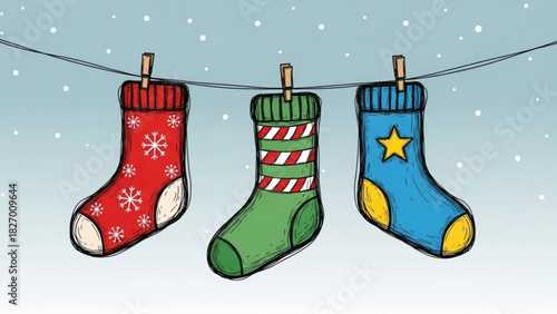 Whimsical Christmas stockings hanging on a line capture the holiday spirit with festive colors and charming designs, perfect for seasonal greetings and decor