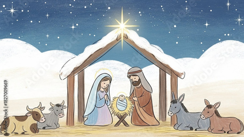 Heartwarming Nativity Scene with Mary, Joseph, and Baby Jesus Under the Guiding Star, Ideal for Christmas Cards and Holiday Greetings, Vector Origin Art