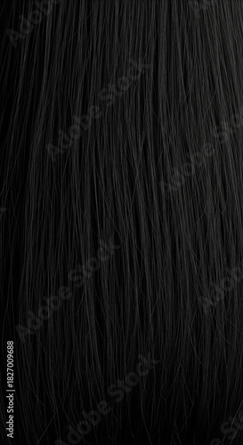 Luxurious Close-Up Texture of Glossy Black Hair Strands Flowing in Dark Silhouette - Elegant Monochrome Background for Beauty and Fashion Design Illustrations