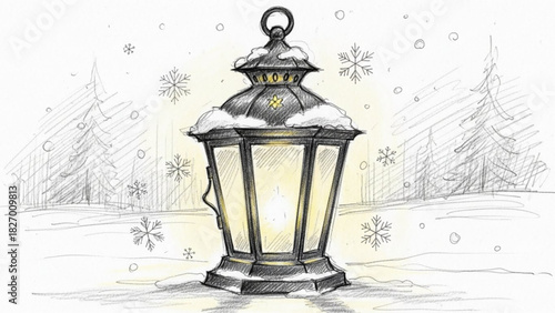 Cozy winter scene featuring a vintage lantern glowing softly amidst falling snow and snow-covered pines, reminiscent of a peaceful holiday night