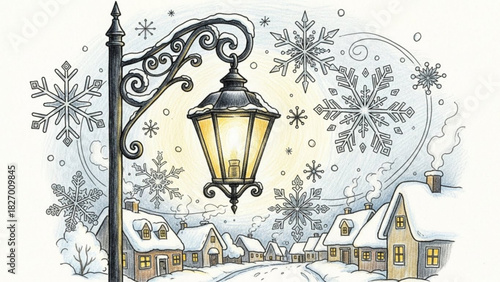 Charming winter village scene with glowing lamp post and delicate snowflakes, perfect for holiday cards and seasonal designs, evokes warmth and nostalgia