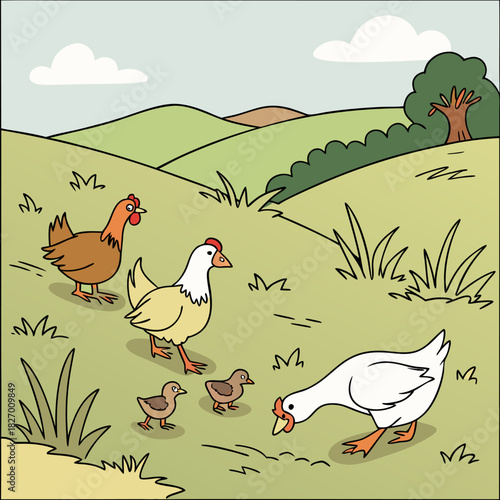 Closeup shot of a hen sitting on the grass with its chicken