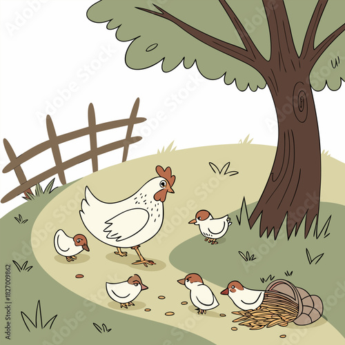 Closeup shot of a hen sitting on the grass with its chicken