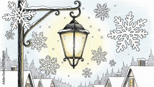 Charming winter scene with glowing street lamp and falling snowflakes creates a cozy, festive atmosphere perfect for holiday greetings and seasonal designs
