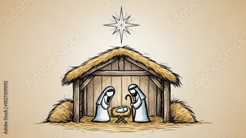 Serene Nativity Scene Celebrating the Birth of Jesus Christ, a Timeless Symbol of Faith, Hope and Love, Perfect for Christmas Cards and Religious Designs