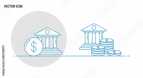 Vector Icons of Bank Buildings and Coins Illustrating Finance.