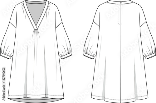 cad drawing flat vector, fashion sketch, technical dress illustration, garment design, front and back view, loose fit, V-neck, keyhole back
